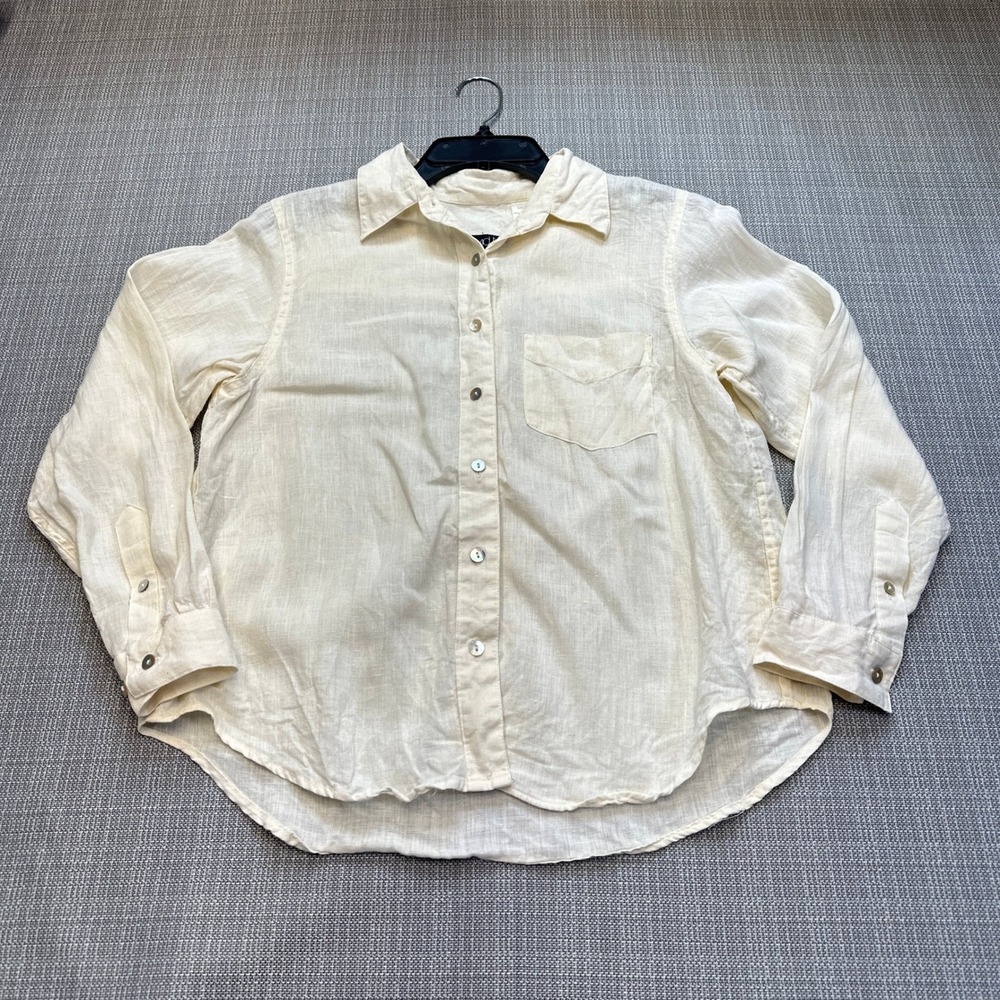 Coastal 100% Linen Button Up Shirt size 8 Petite Cream Minimalist Euro Lagenlook